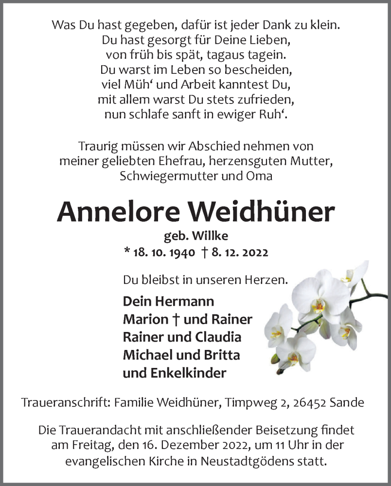  Traueranzeige für Annelore Weidhüner vom 13.12.2022 aus Nordwest-Zeitung
