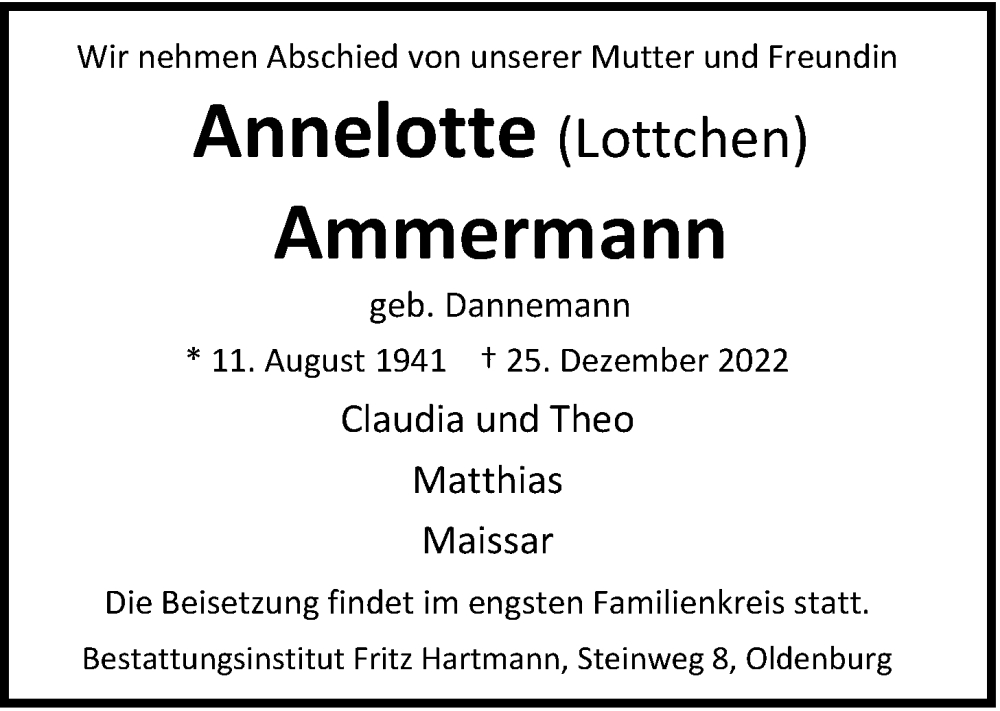  Traueranzeige für Annelotte Ammermann vom 31.12.2022 aus Nordwest-Zeitung