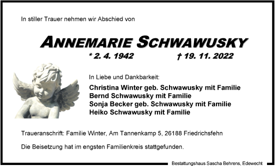 Traueranzeige von Annemarie Schwawuski von Nordwest-Zeitung