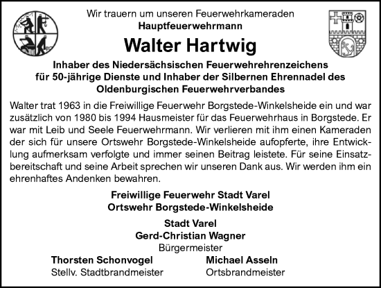 Traueranzeige von Walter Hartwig von Nordwest-Zeitung