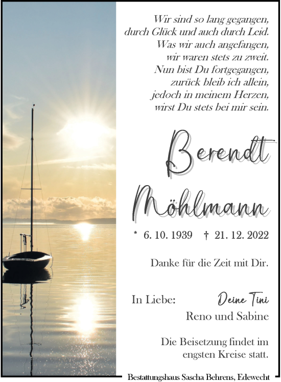 Traueranzeige von Berendt Möhlmann von Nordwest-Zeitung