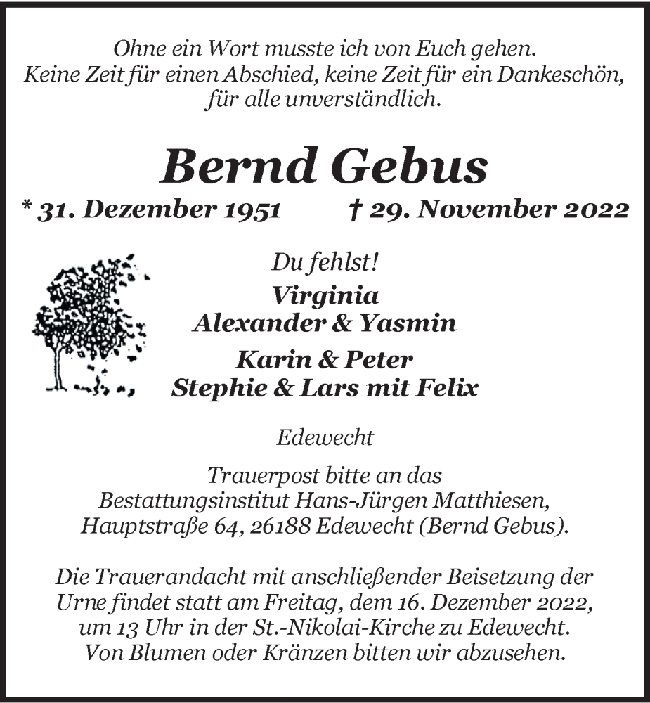 Traueranzeige für Bernd Gebus vom 09.12.2022 aus Nordwest-Zeitung