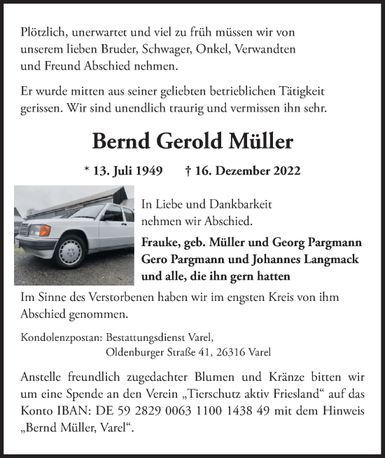 Traueranzeige von Bernd Müller von Nordwest-Zeitung