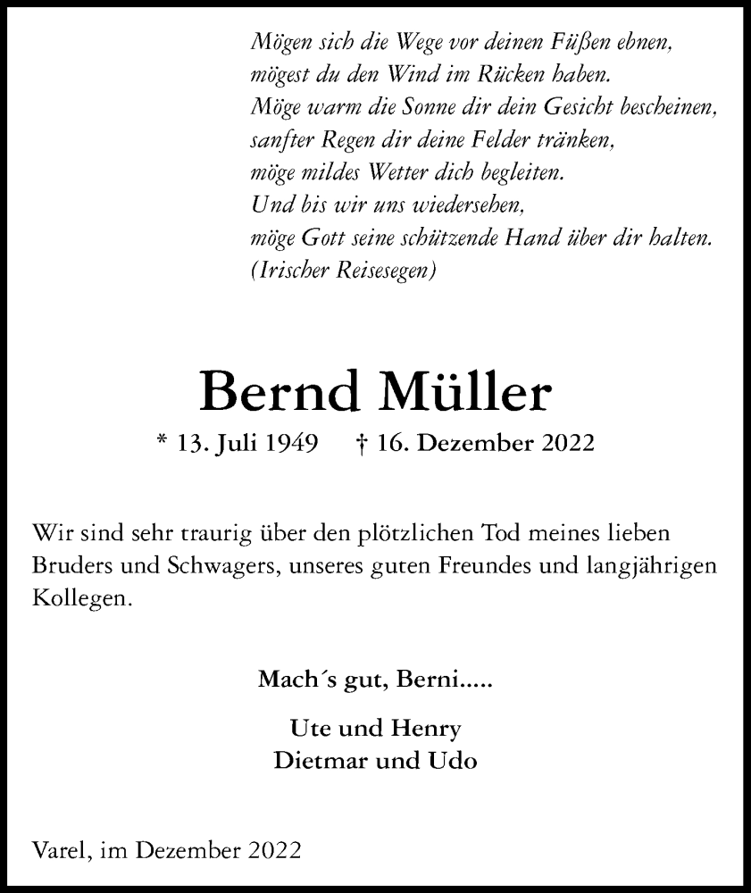  Traueranzeige für Bernd Müller vom 28.12.2022 aus Nordwest-Zeitung