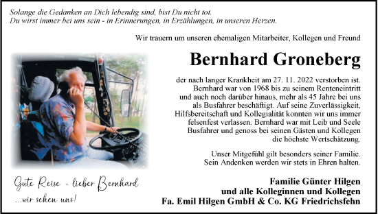 Traueranzeige von Bernhard Groneberg von Nordwest-Zeitung