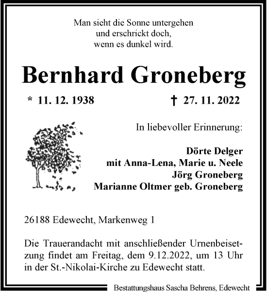 Traueranzeige von Bernhard Groneberg von Nordwest-Zeitung