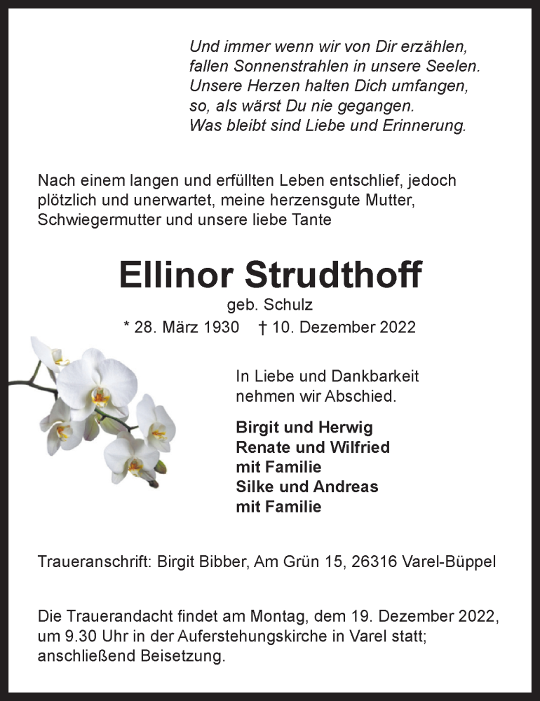  Traueranzeige für Ellinor Strudthoff vom 15.12.2022 aus Nordwest-Zeitung