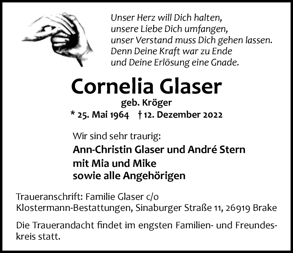  Traueranzeige für Cornelia Glaser vom 17.12.2022 aus Nordwest-Zeitung