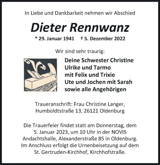 Traueranzeige von Dieter Rennwanz von Nordwest-Zeitung