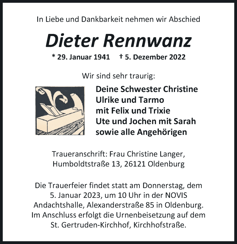  Traueranzeige für Dieter Rennwanz vom 31.12.2022 aus Nordwest-Zeitung