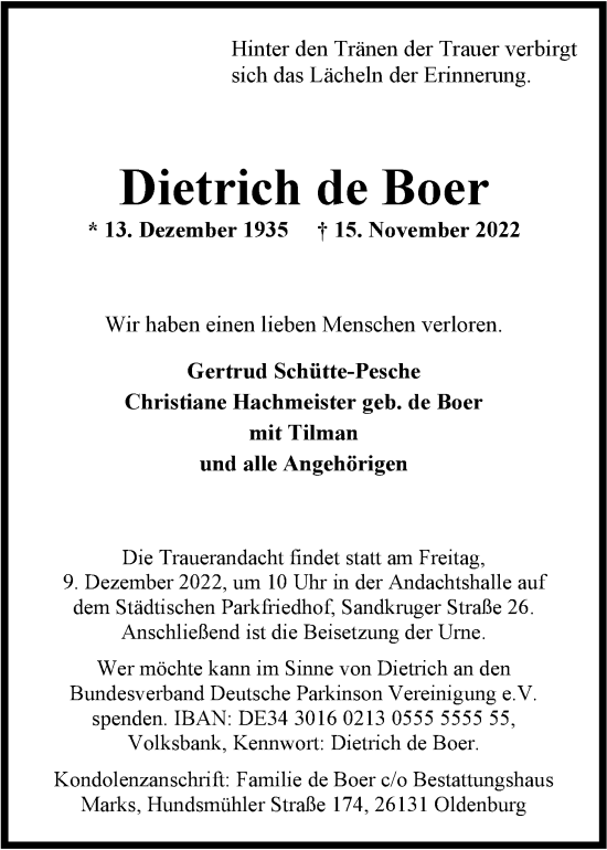 Traueranzeige von Dietrich de Boer von Nordwest-Zeitung