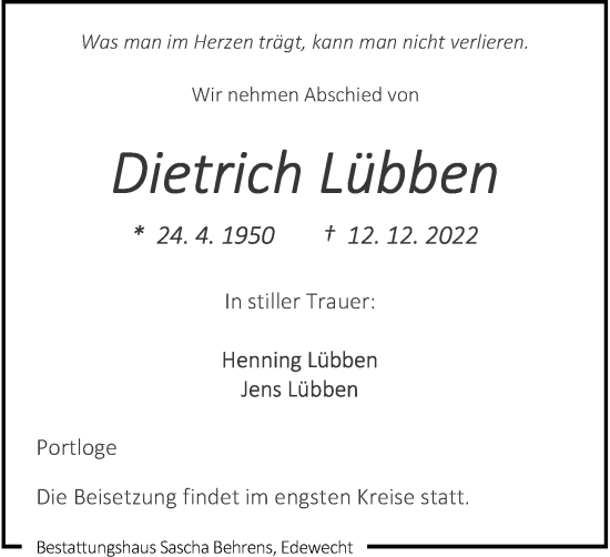 Traueranzeige von Dietrich Lübben von Nordwest-Zeitung