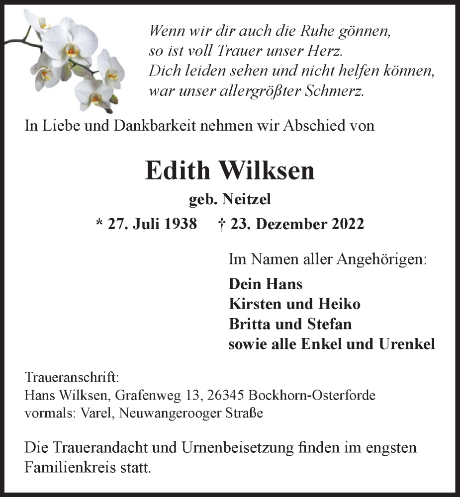  Traueranzeige für Edith Wilksen vom 28.12.2022 aus Nordwest-Zeitung