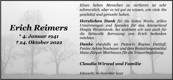 Traueranzeige von Erich Reimers von Nordwest-Zeitung