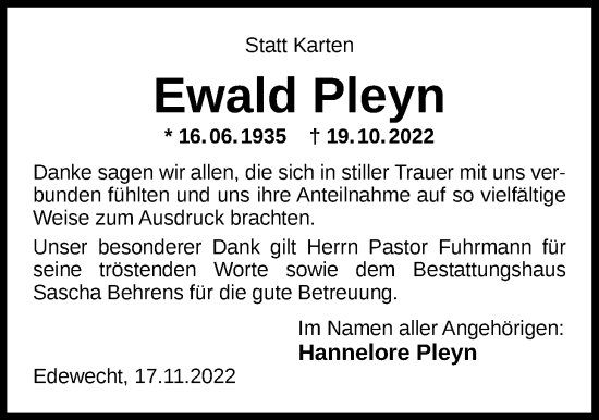 Traueranzeige von Ewald Pleyn von Nordwest-Zeitung
