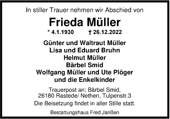 Traueranzeige von Frieda Müller von Nordwest-Zeitung