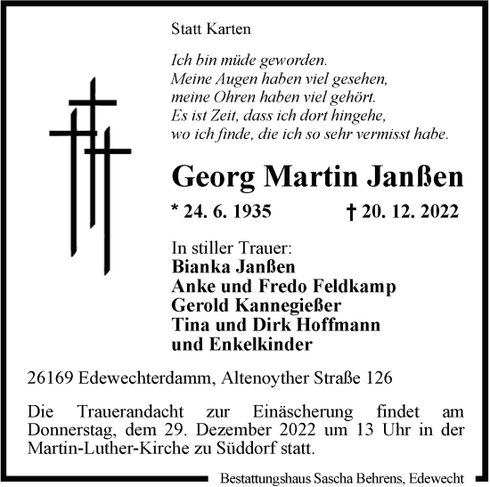 Traueranzeige von Georg Janßen von Nordwest-Zeitung