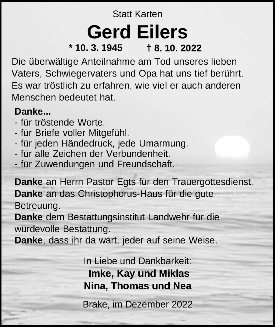 Traueranzeige von Gerd Eilers von Nordwest-Zeitung