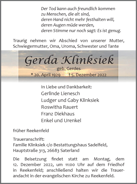Traueranzeige von Gerda Klinksiek von Nordwest-Zeitung