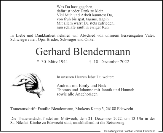 Traueranzeige von Gerhard Blendermann von Nordwest-Zeitung
