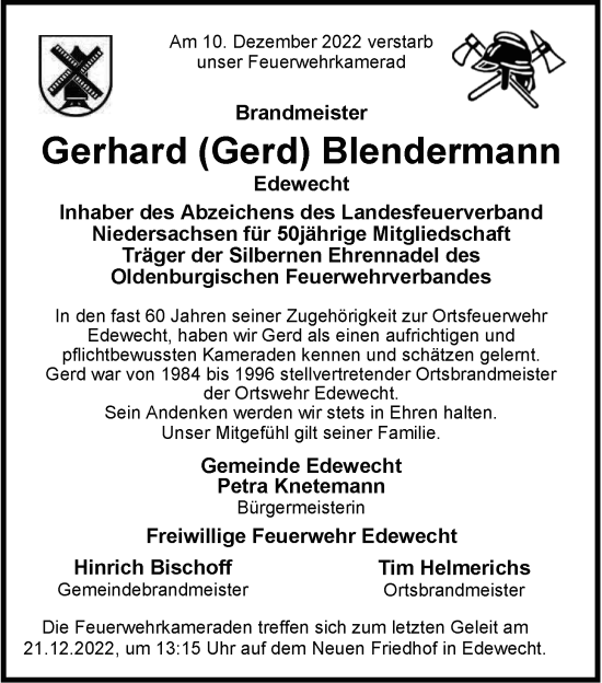 Traueranzeige von Gerhard Blendermann von Nordwest-Zeitung