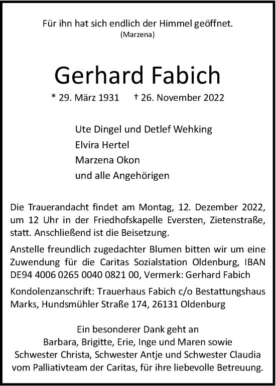 Traueranzeige von Gerhard Fabich von Nordwest-Zeitung