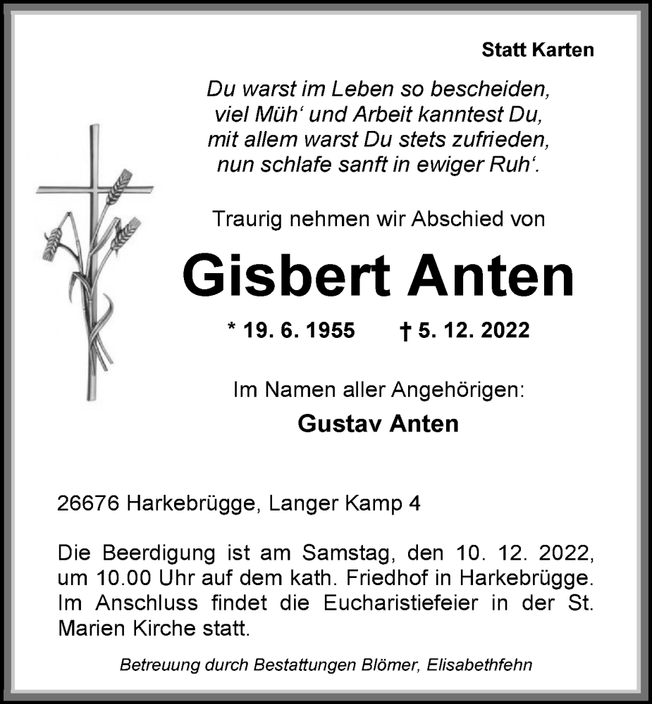  Traueranzeige für Gisbert Anten vom 07.12.2022 aus Nordwest-Zeitung