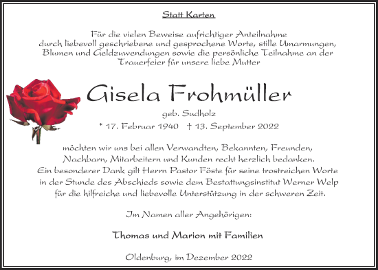 Traueranzeige von Gisela Frohmüller von Nordwest-Zeitung
