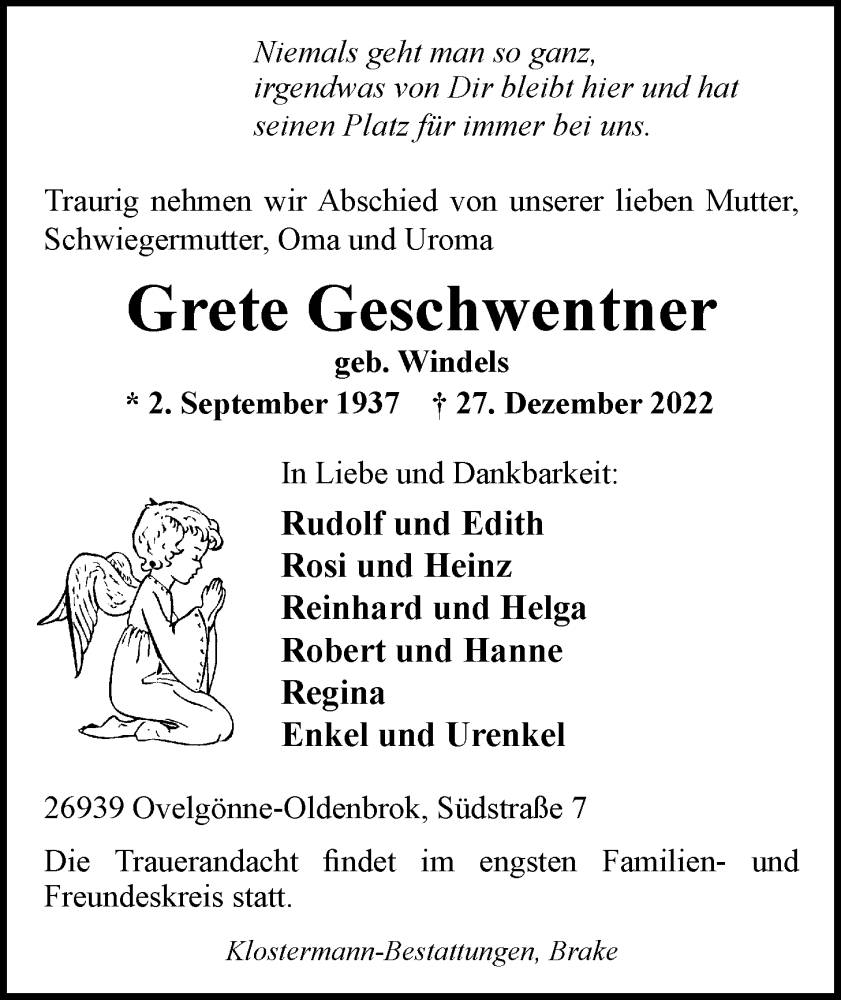  Traueranzeige für Grete Geschwentner vom 30.12.2022 aus Nordwest-Zeitung