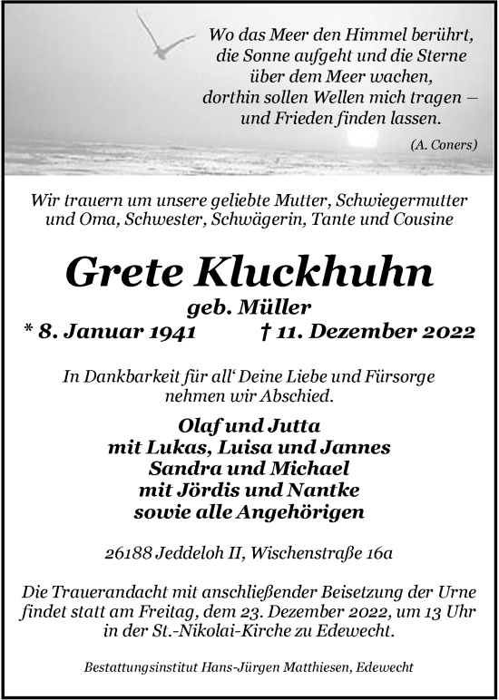 Traueranzeige von Grete Kluckhuhn von Nordwest-Zeitung