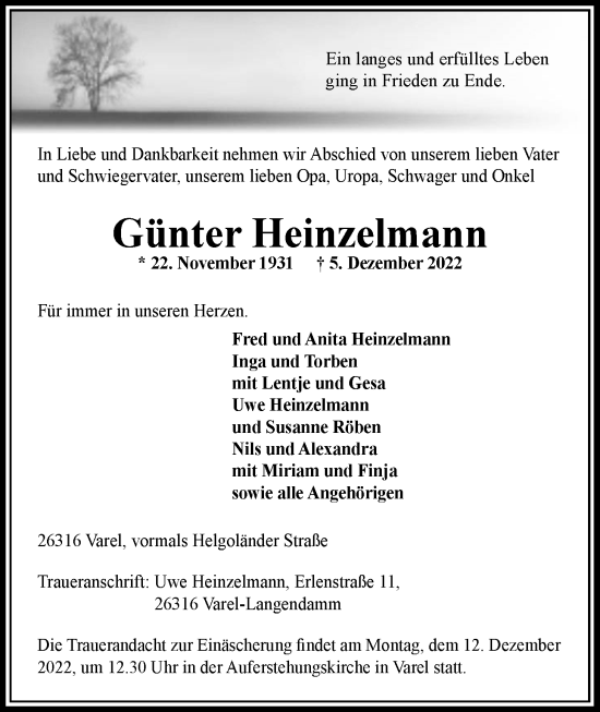 Traueranzeige von Günter Heinzelmann von Nordwest-Zeitung