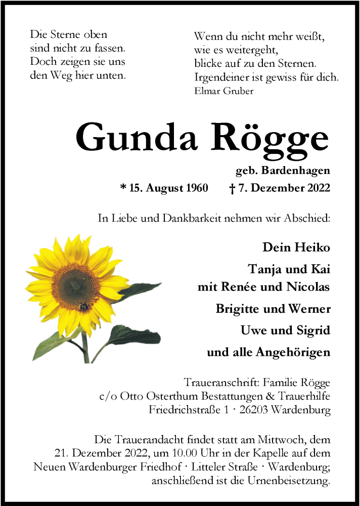  Traueranzeige für Gunda Rögge vom 14.12.2022 aus Nordwest-Zeitung