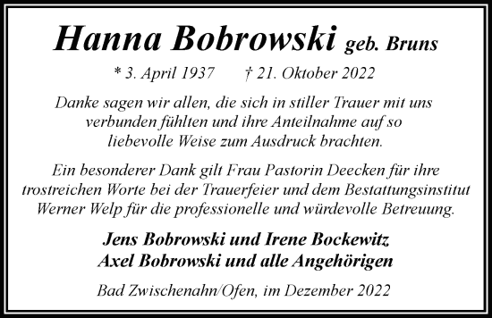 Traueranzeige von Hanna Bobrowski von Nordwest-Zeitung