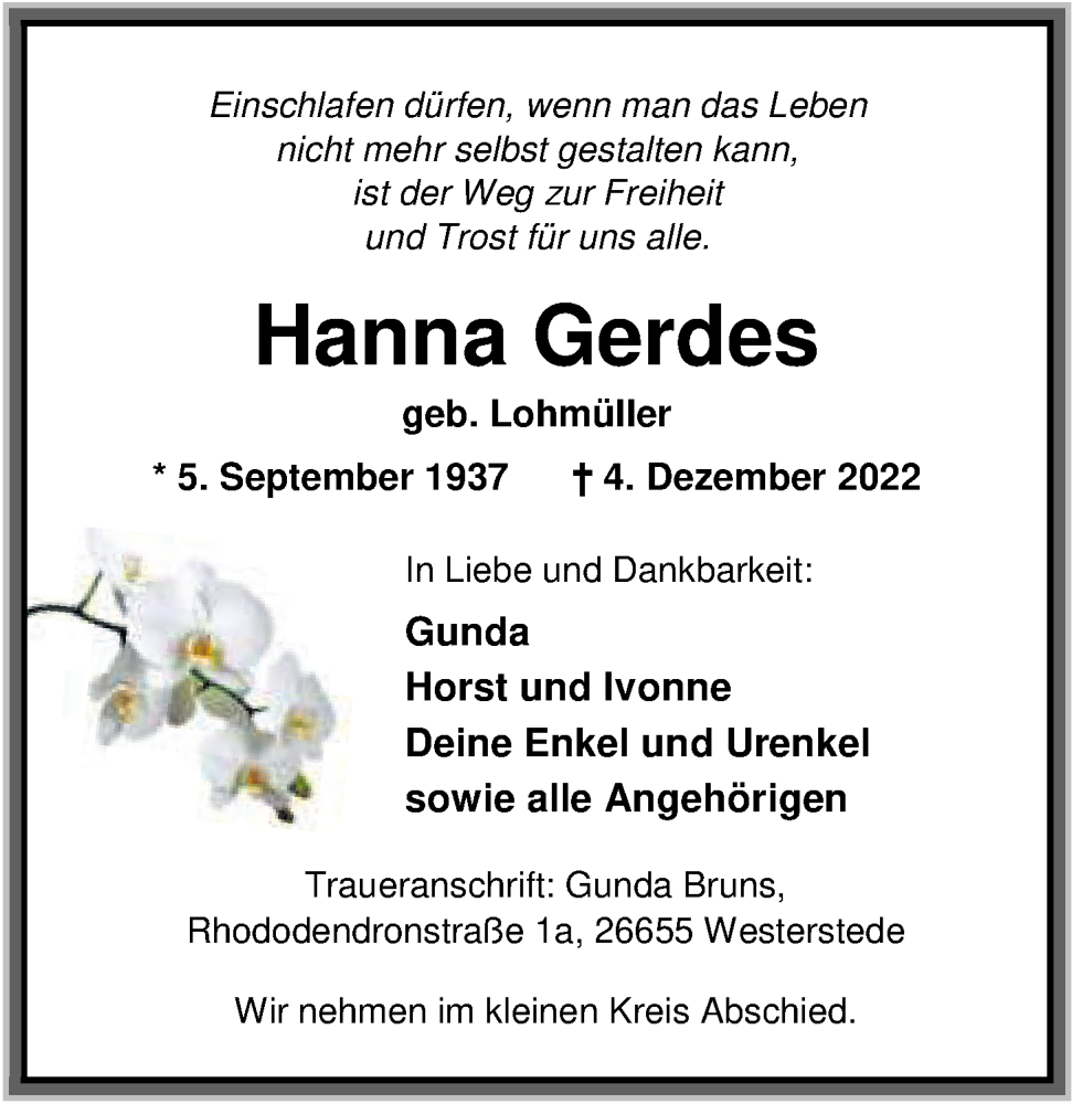  Traueranzeige für Hanna Gerdes vom 07.12.2022 aus Nordwest-Zeitung