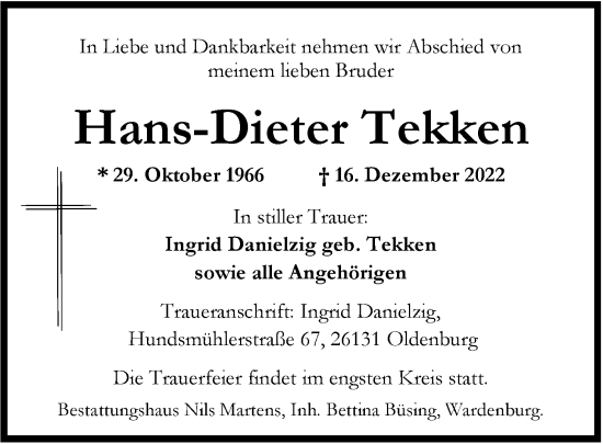 Traueranzeige von Hans-Dieter Tekken von Nordwest-Zeitung