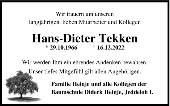 Traueranzeige von Hans-Dieter Tekken von Nordwest-Zeitung