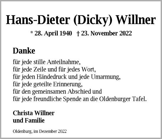 Traueranzeige von Hans-Dieter Willner von Nordwest-Zeitung