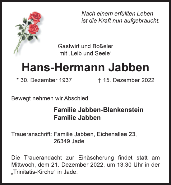 Traueranzeige von Hans-Hermann Jabben von Nordwest-Zeitung