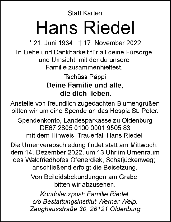 Traueranzeige von Hans Riedel von Nordwest-Zeitung