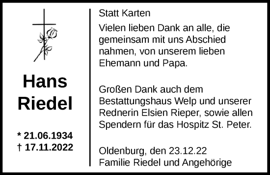 Traueranzeige von Hans Riedel von Nordwest-Zeitung