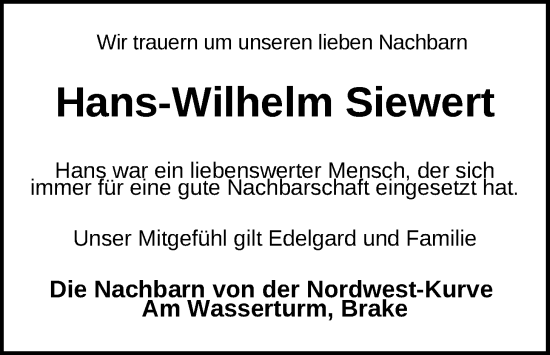 Traueranzeige von Hans-Wilhelm Siewert von Nordwest-Zeitung