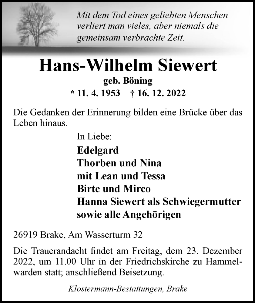  Traueranzeige für Hans-Wilhelm Siewert vom 20.12.2022 aus Nordwest-Zeitung