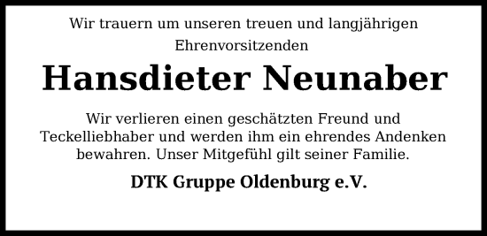 Traueranzeige von Hansdieter Neunaber von Nordwest-Zeitung