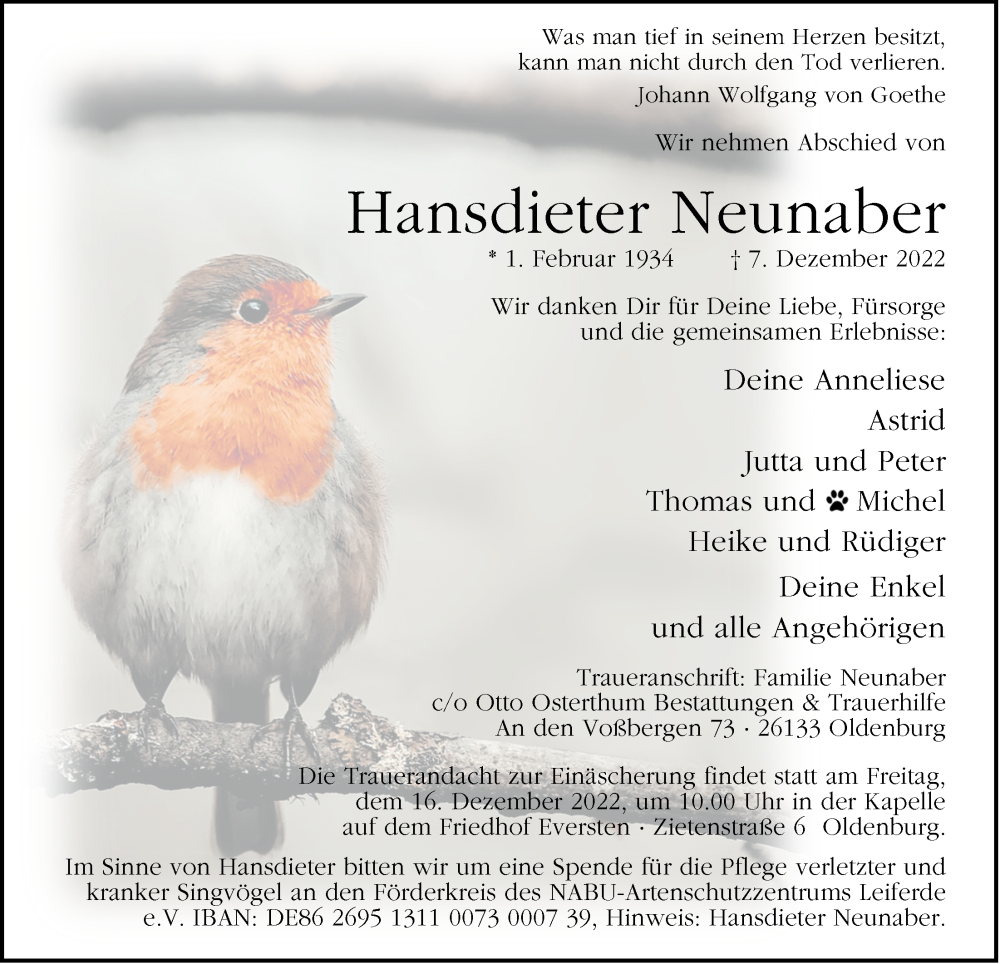  Traueranzeige für Hansdieter Neunaber vom 13.12.2022 aus Nordwest-Zeitung