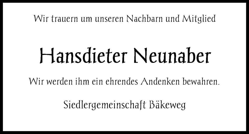  Traueranzeige für Hansdieter Neunaber vom 15.12.2022 aus Nordwest-Zeitung