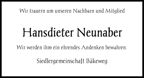 Traueranzeige von Hansdieter Neunaber von Nordwest-Zeitung
