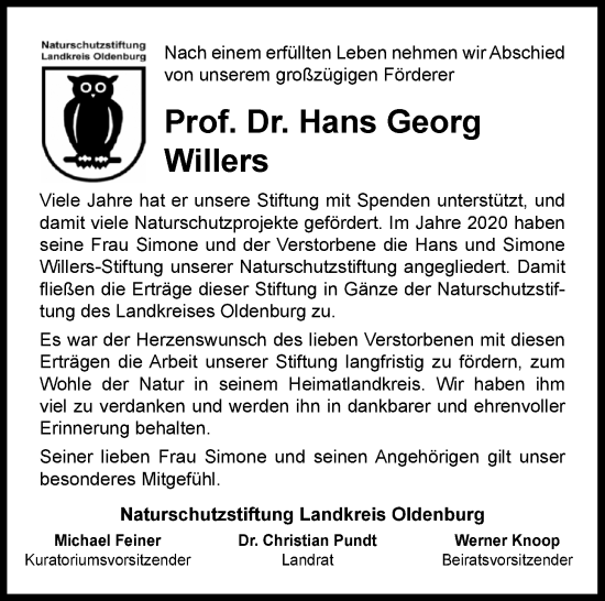 Traueranzeige von Hans Georg Willers von Nordwest-Zeitung