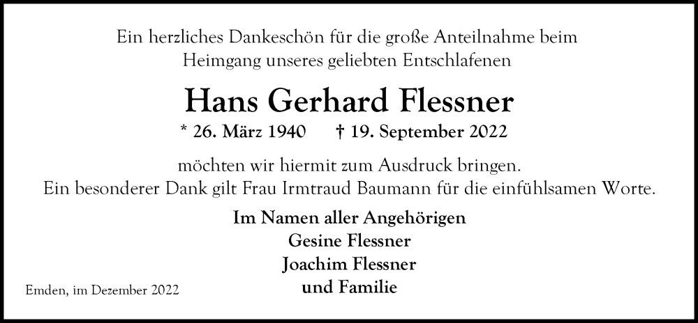 Traueranzeige für Hans Gerhard Flessner vom 20.12.2022 aus Emder Zeitung