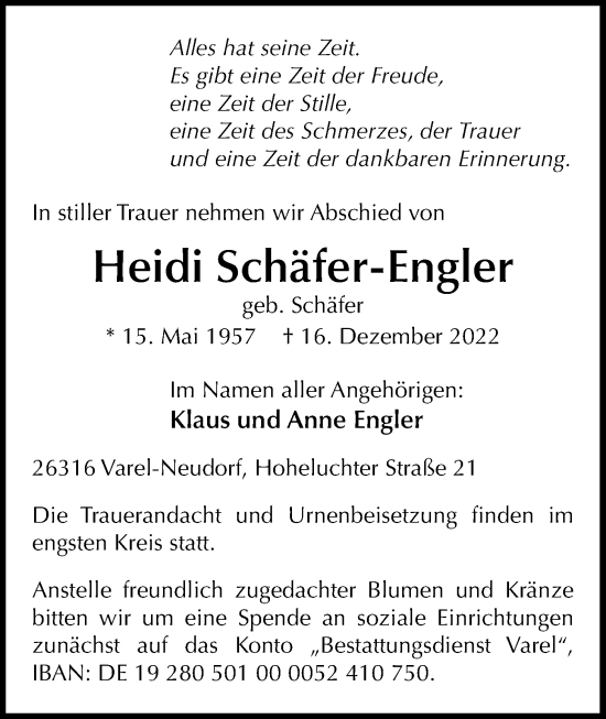 Traueranzeige von Heidi Schäfer-Engler von Nordwest-Zeitung