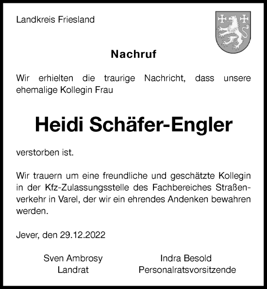 Traueranzeige von Heidi Schäfer-Engler von Nordwest-Zeitung